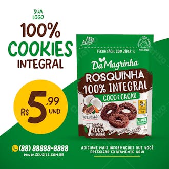 Cookies 100% integral supermercados social media psd editável