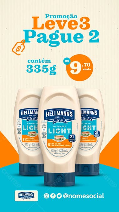 Sotries promoção leve 3 pague 2 maionese supermercado social media psd editável