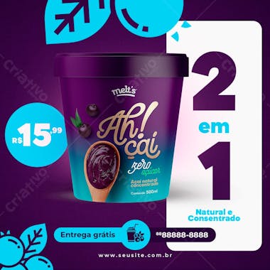 Açai natural e consentrado sorveteria social media psd editável