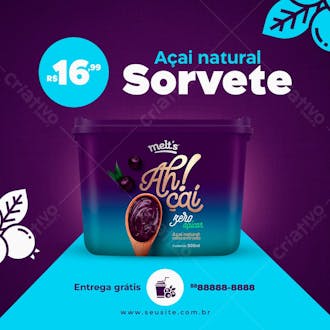 Açai natural sorveteria social media psd editável