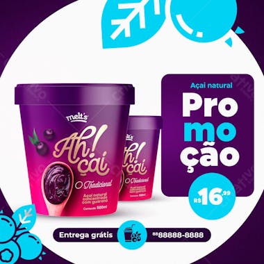 Promoção açai natural sabor sorveteria social media psd editável