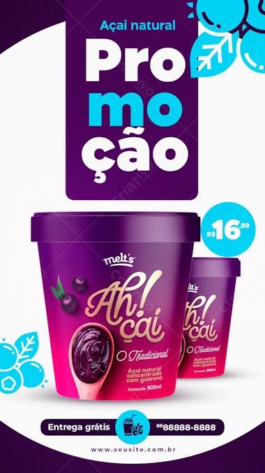 Stories promoção açai natural sabor sorveteria social media psd editável