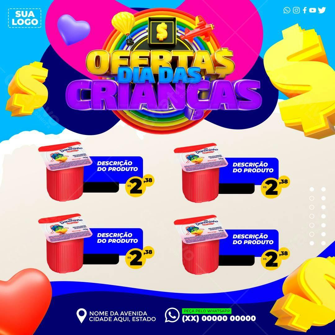 Flyer para o Dia das Crianças com Produtos Danoninho PSD Editável