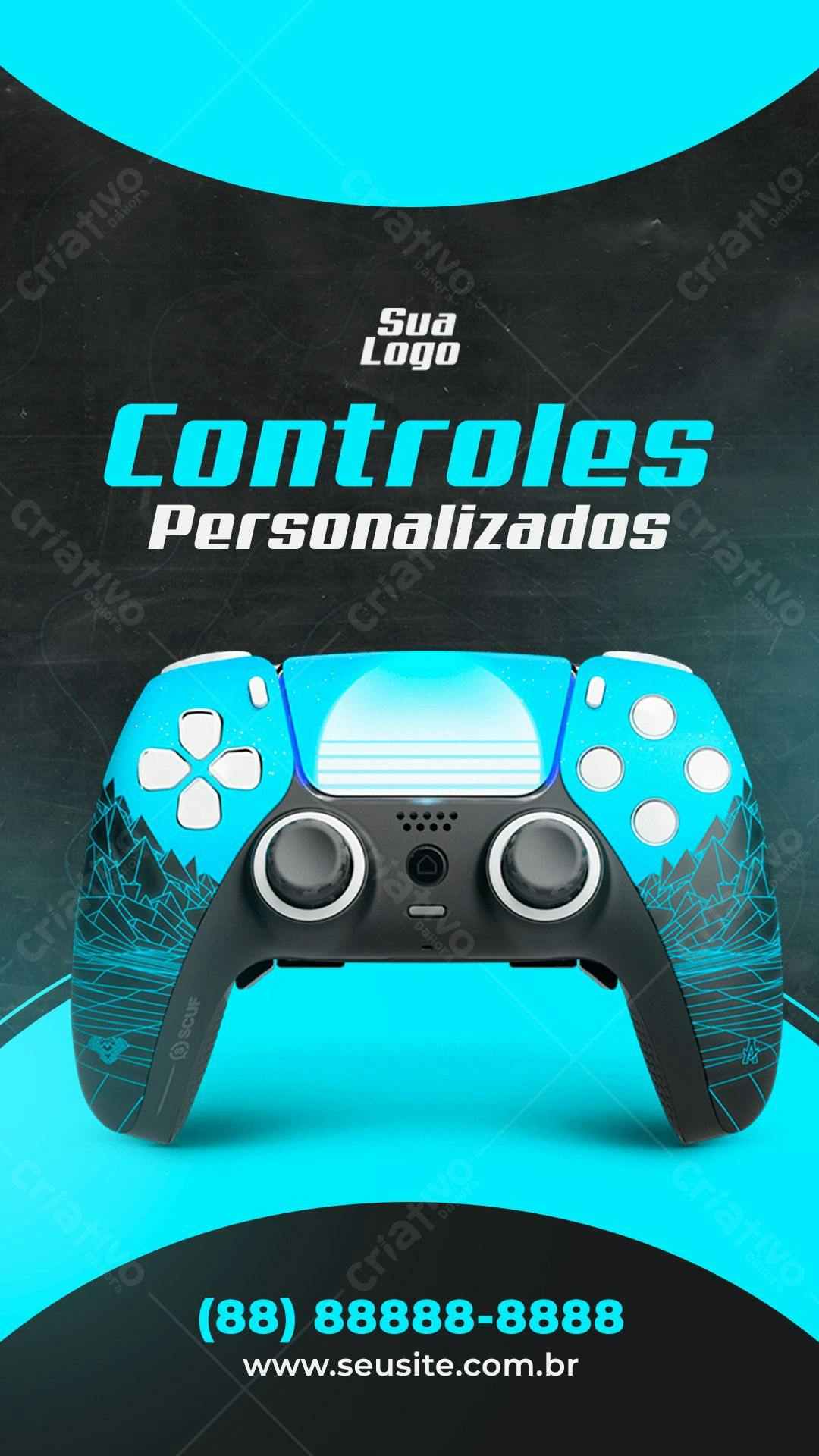 Template Controle PS5 Cyberpunk Azul e Preto PSD Editável