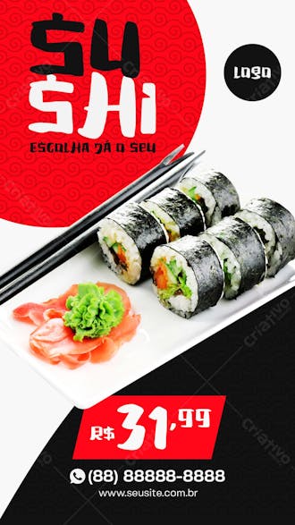 Story o melhor sushi da região comida japonesa post social media psd editável