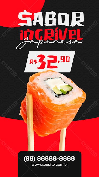 Story sabor incrível comida japonesa social media psd editável