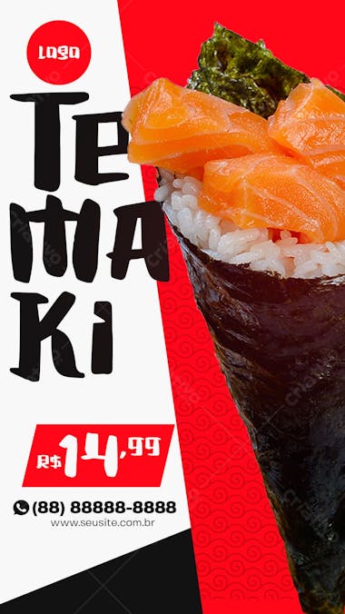 Story temaki comida japonesa post social media psd editável