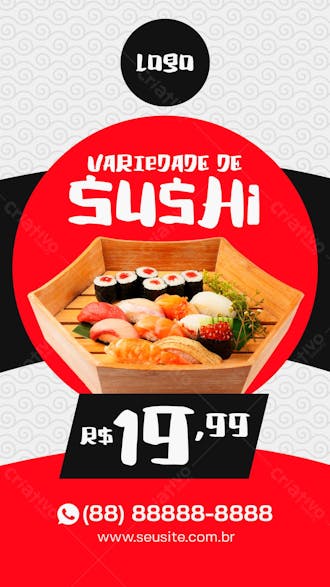 Story variedade de sushi comida japonesa social media psd editável