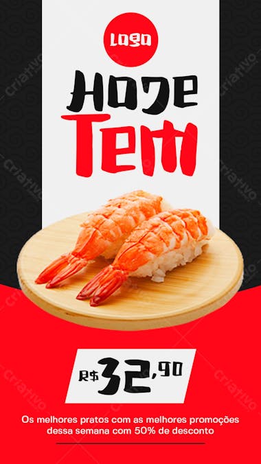 Story hoje tem sushi comida japonesa social media psd editável