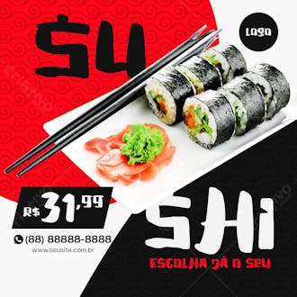 O melhor sushi da região comida japonesa post social media psd editável