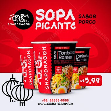 Sopa instantânea snapdragon sabor porco picante social media psd editável