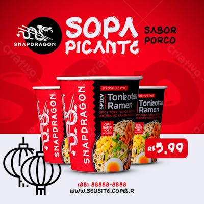 Sopa Instantânea Snapdragon Sabor Porco Picante Social Media Psd Editável