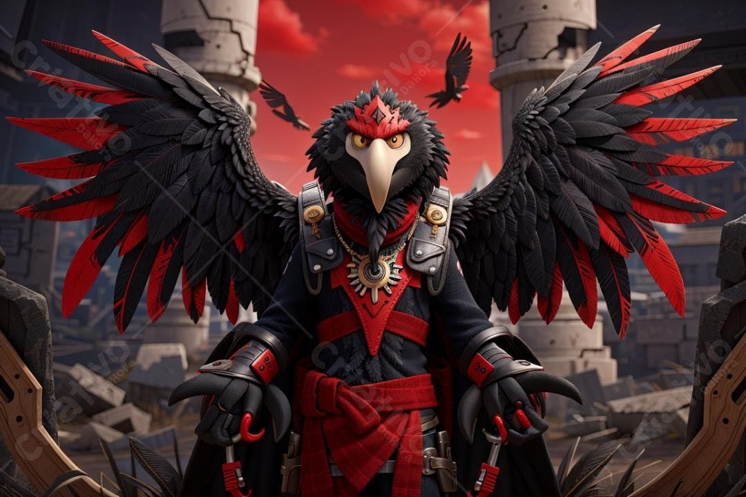 Corvo Negro com Asas Vermelhas Fantasia Medieval