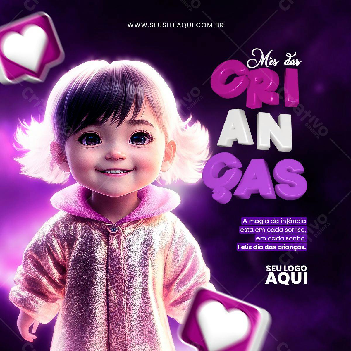 Banner Dia das Crianças com Menina 3D PSD Editável