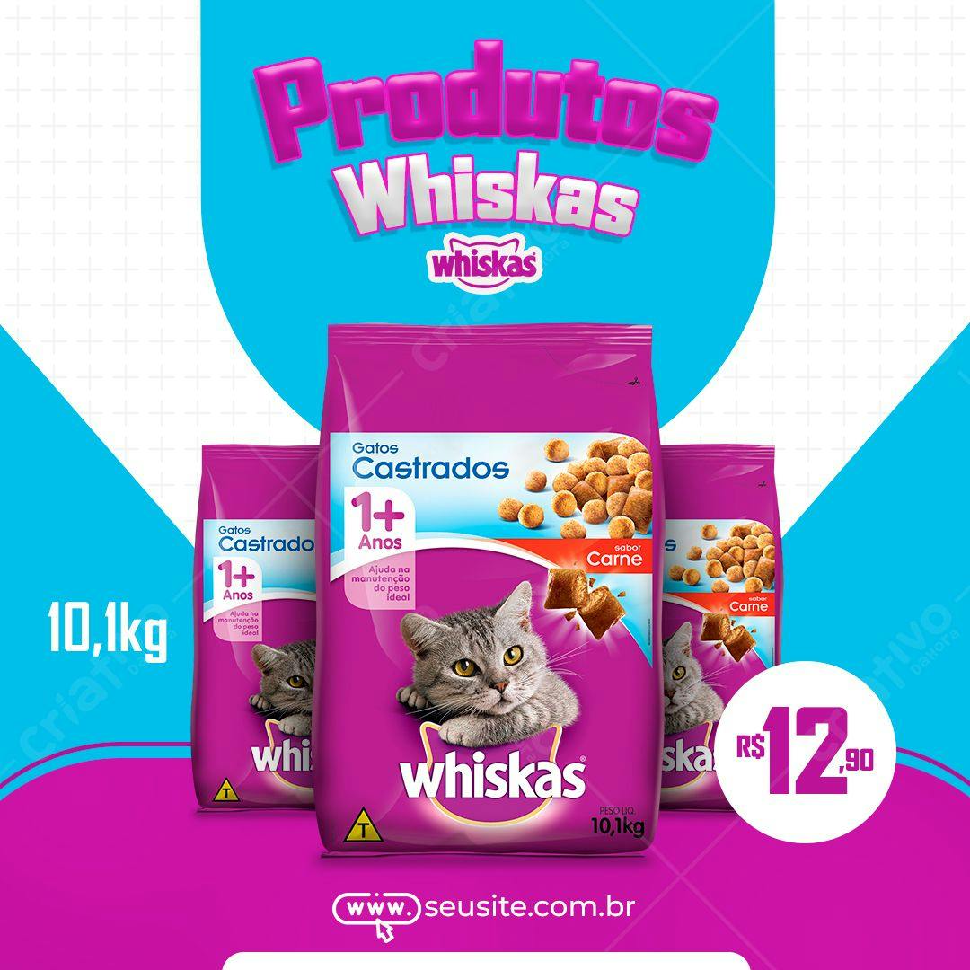 Banner Promoção Ração Whiskas para Gatos Castrados PSD Editável