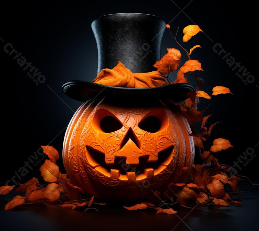 Abóbora de Halloween com chapéu e folhas