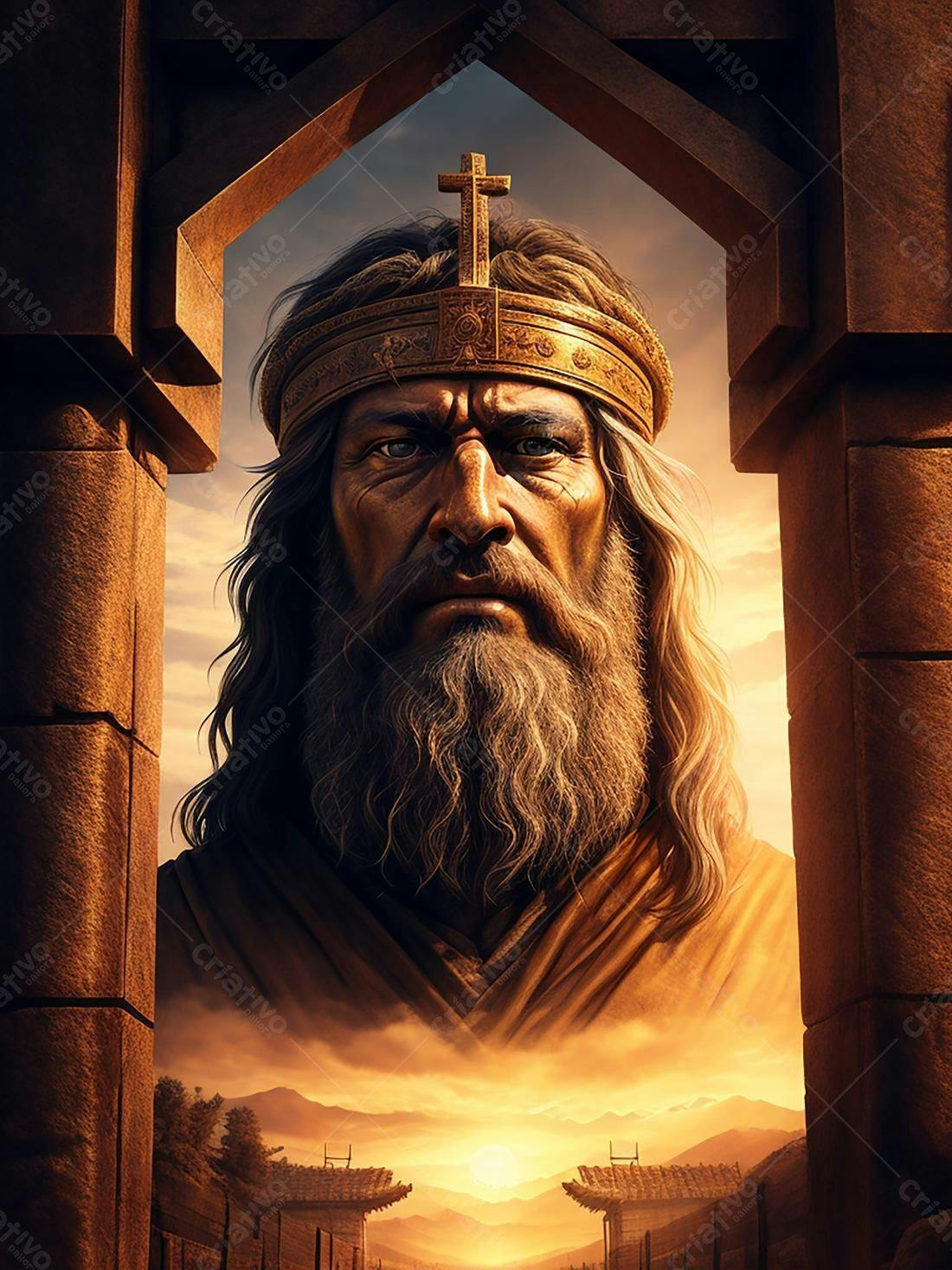 Rei medieval retrato dourado pôr do sol