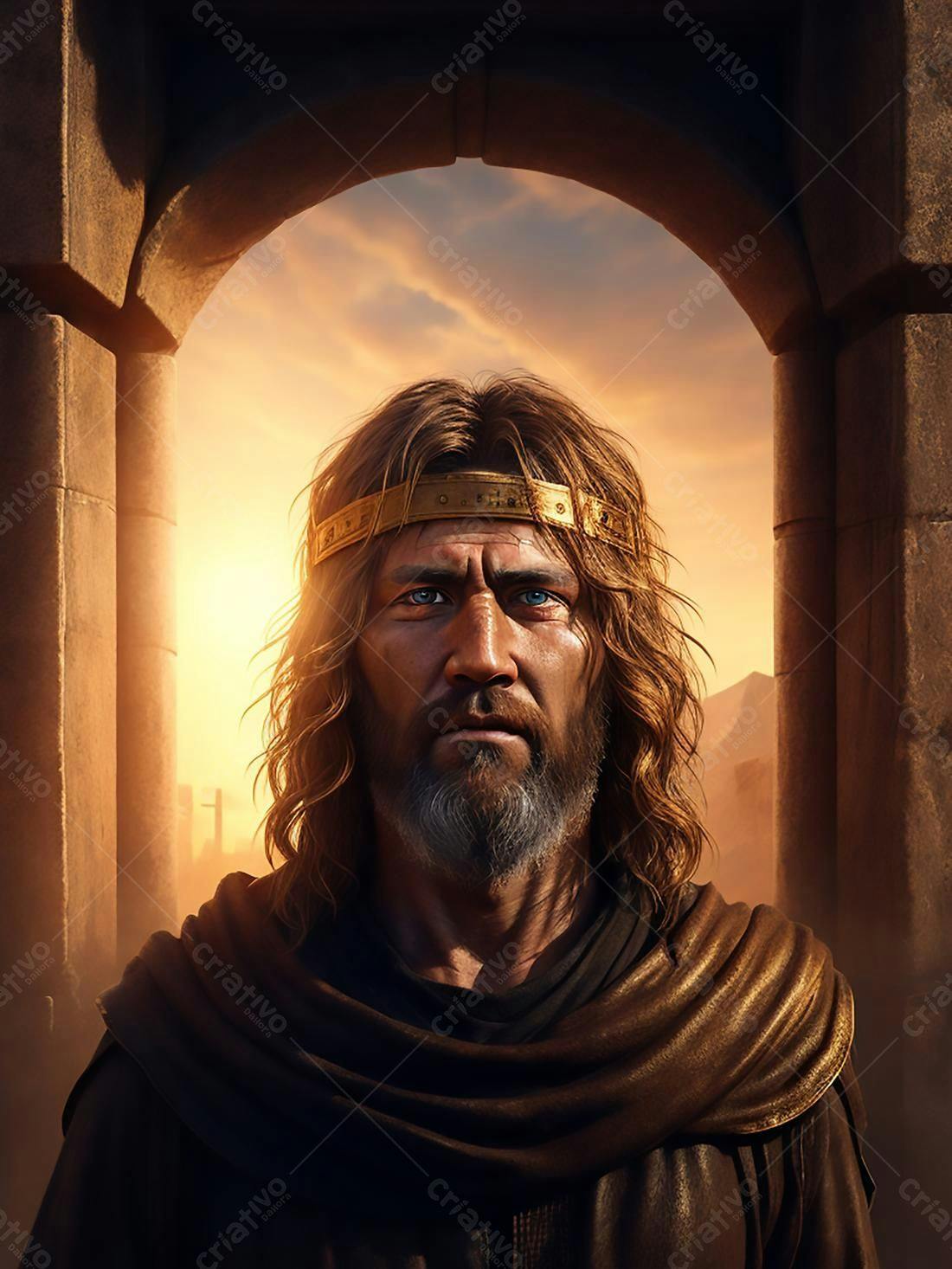 Rei medieval olhar sério pôr do sol
