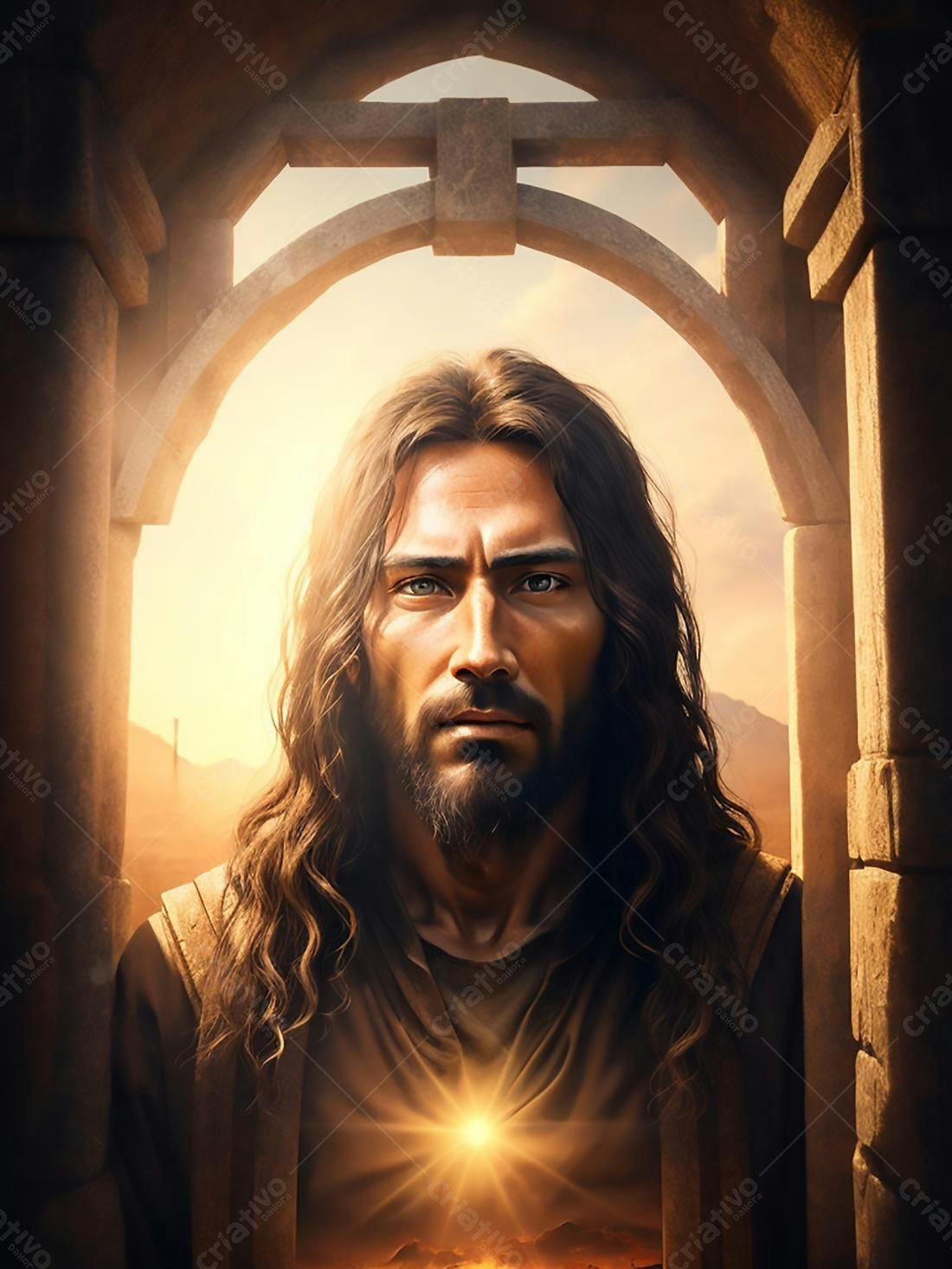 Jesus Cristo em portal antigo ao nascer do sol