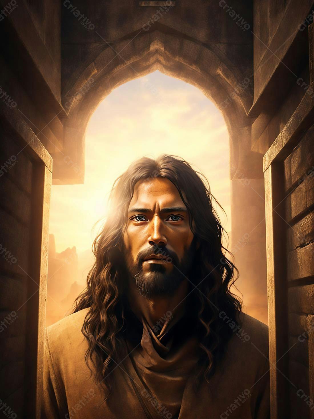 Jesus Cristo em Portão Antigo ao Pôr do Sol