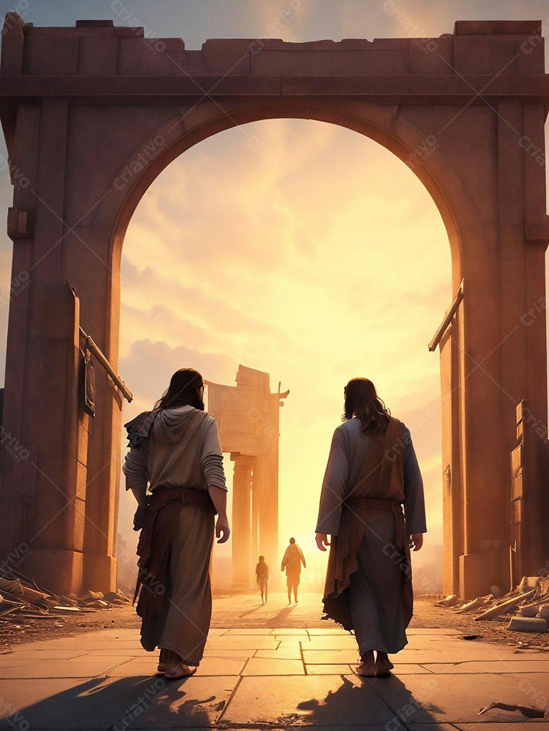 Jesus e discípulos caminho arco antigo crepúsculo