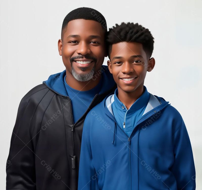Pai e filho negro com blusa azul