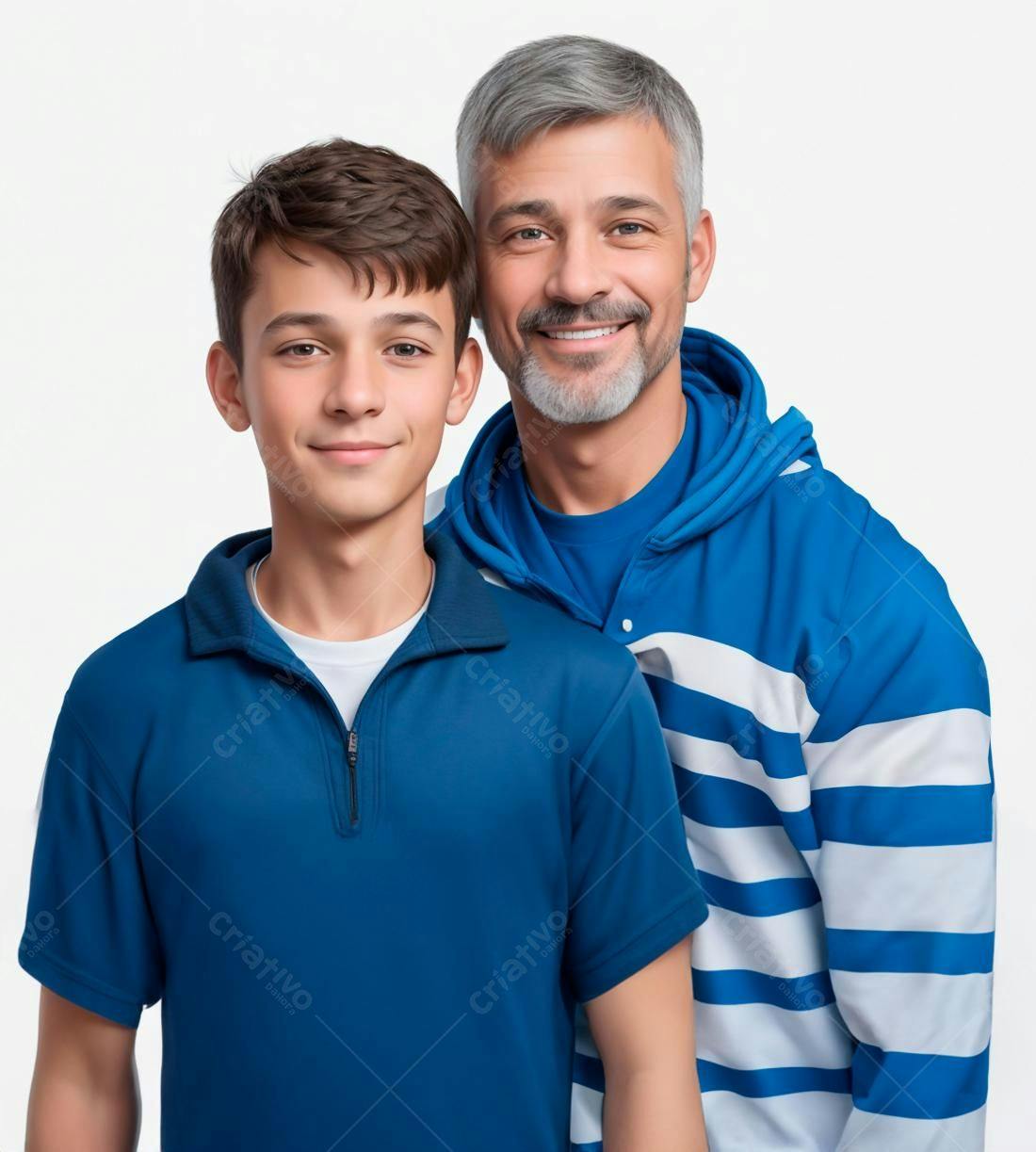 Pai e filho sorrindo juntos em foto estúdio