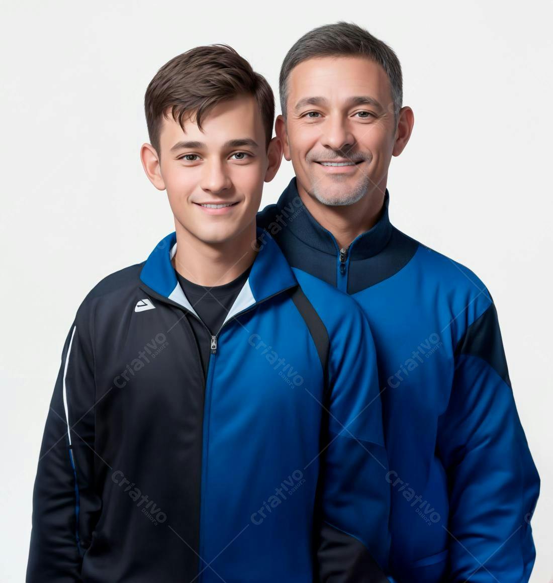 Pai e filho sorrindo em uniformes esportivos