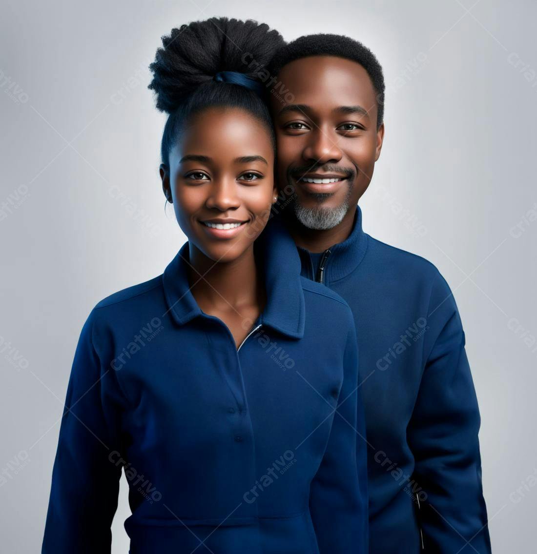 Pai e filha negros sorrindo em uniforme azul