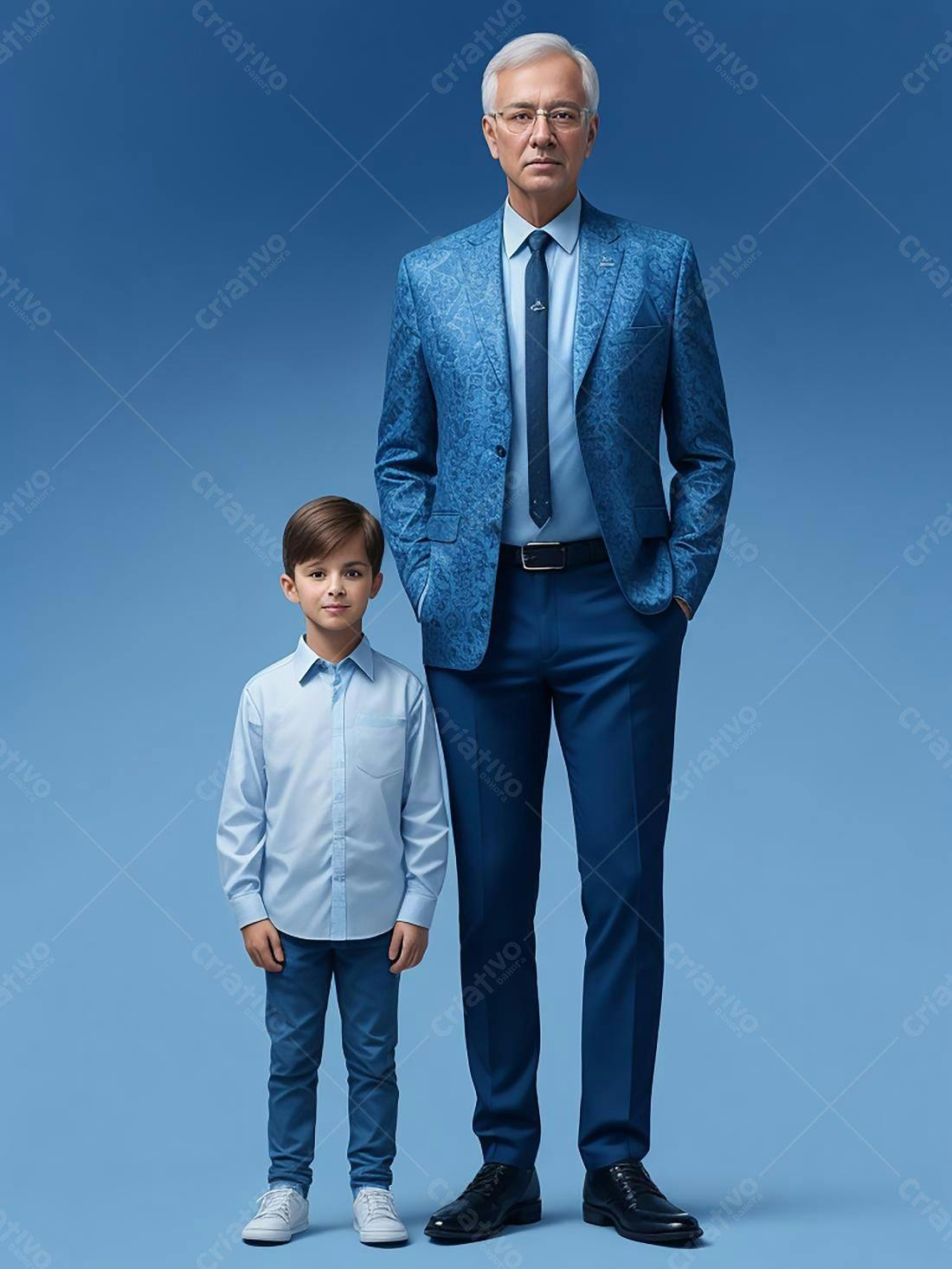 Pai e filho em trajes azuis