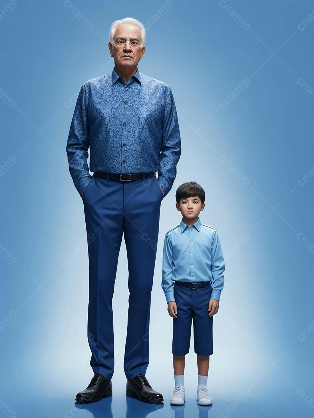 Avô e neto em uniforme azul claro
