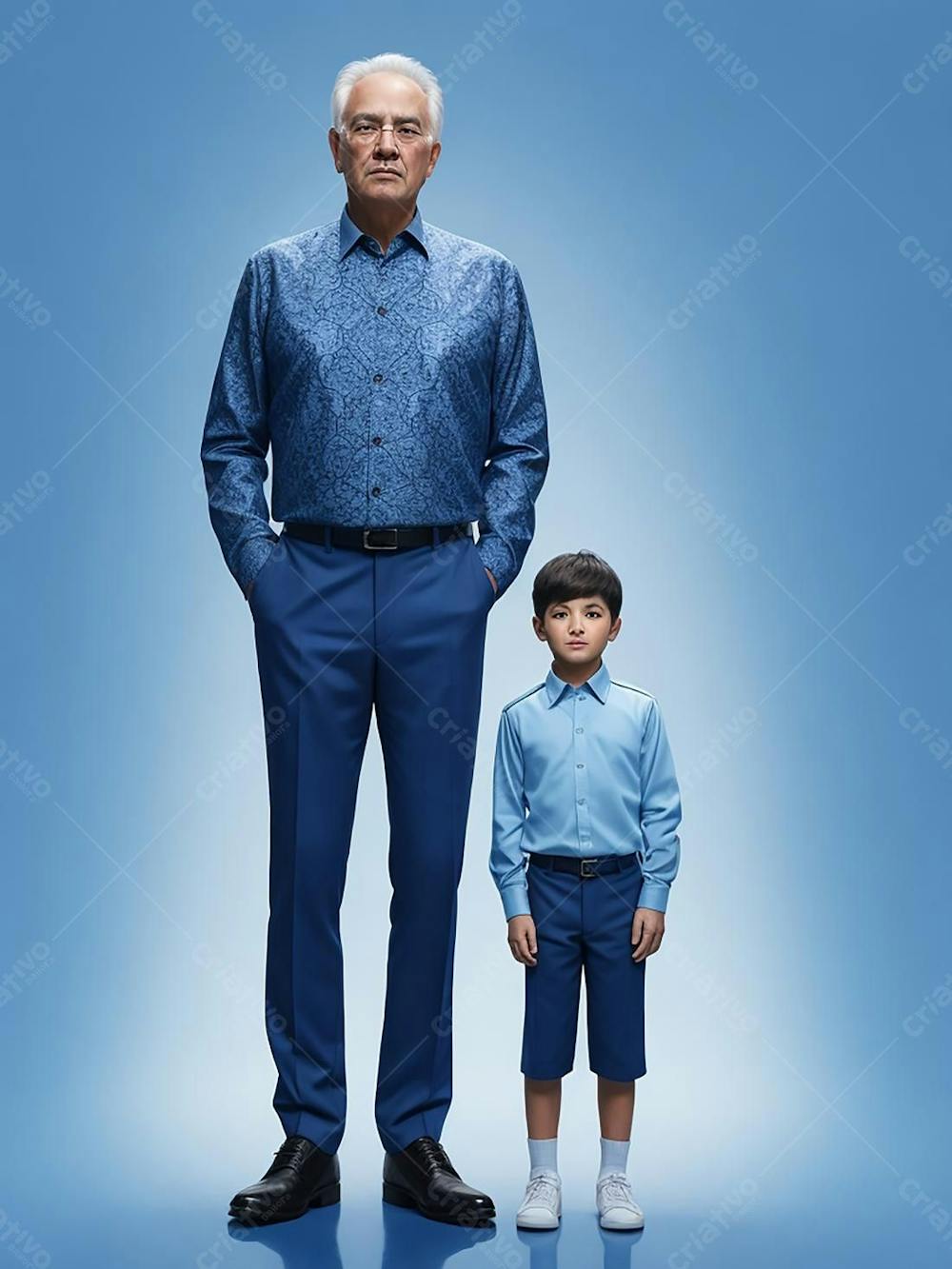 Pai e filho branco com blusa azul 