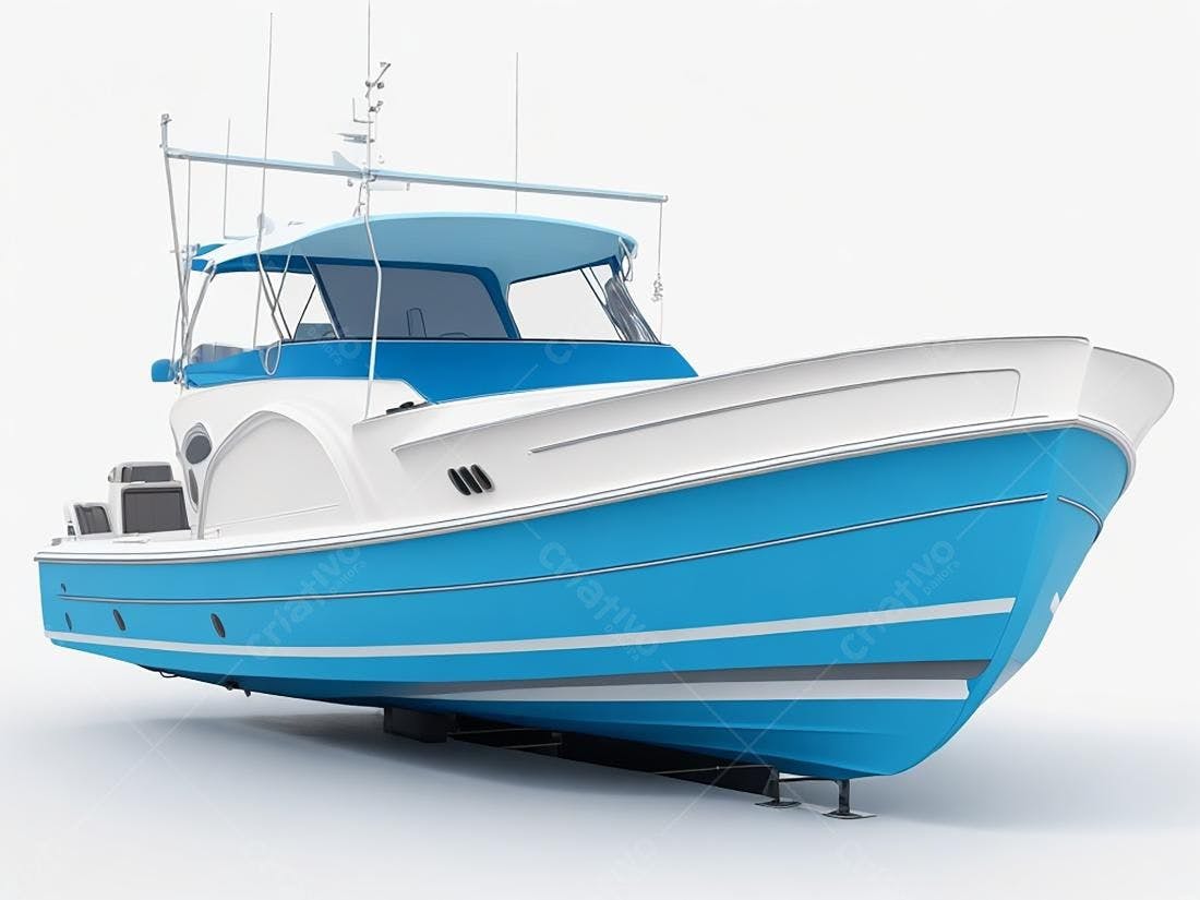 Barco de pesca azul e branco em terra