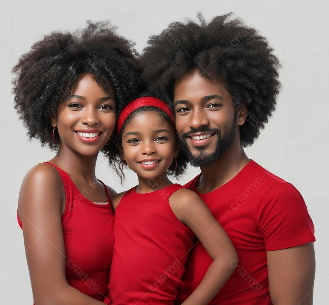 Família negra sorrindo em fundo cinza