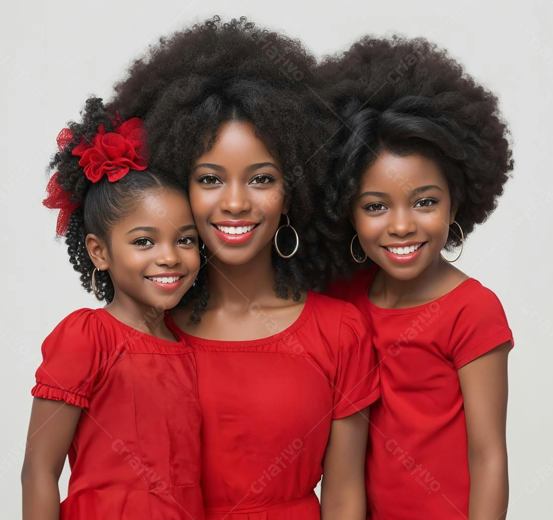 Mãe e filhas negras sorrindo em vestidos vermelhos