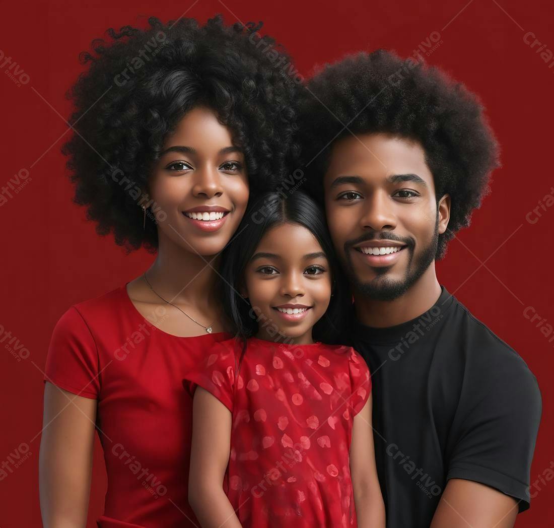 Família Afro-americana sorrindo fundo vermelho