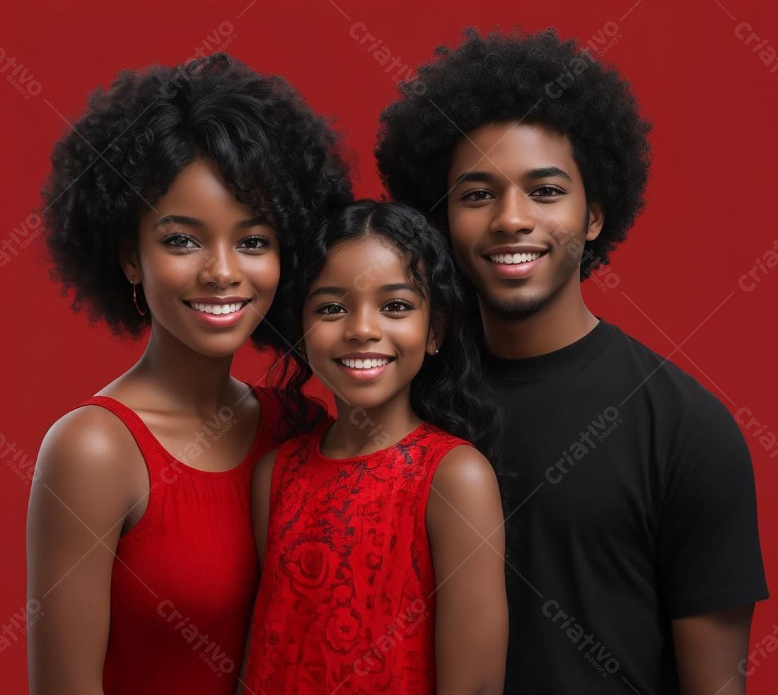 Família afro-americana sorrindo fundo vermelho