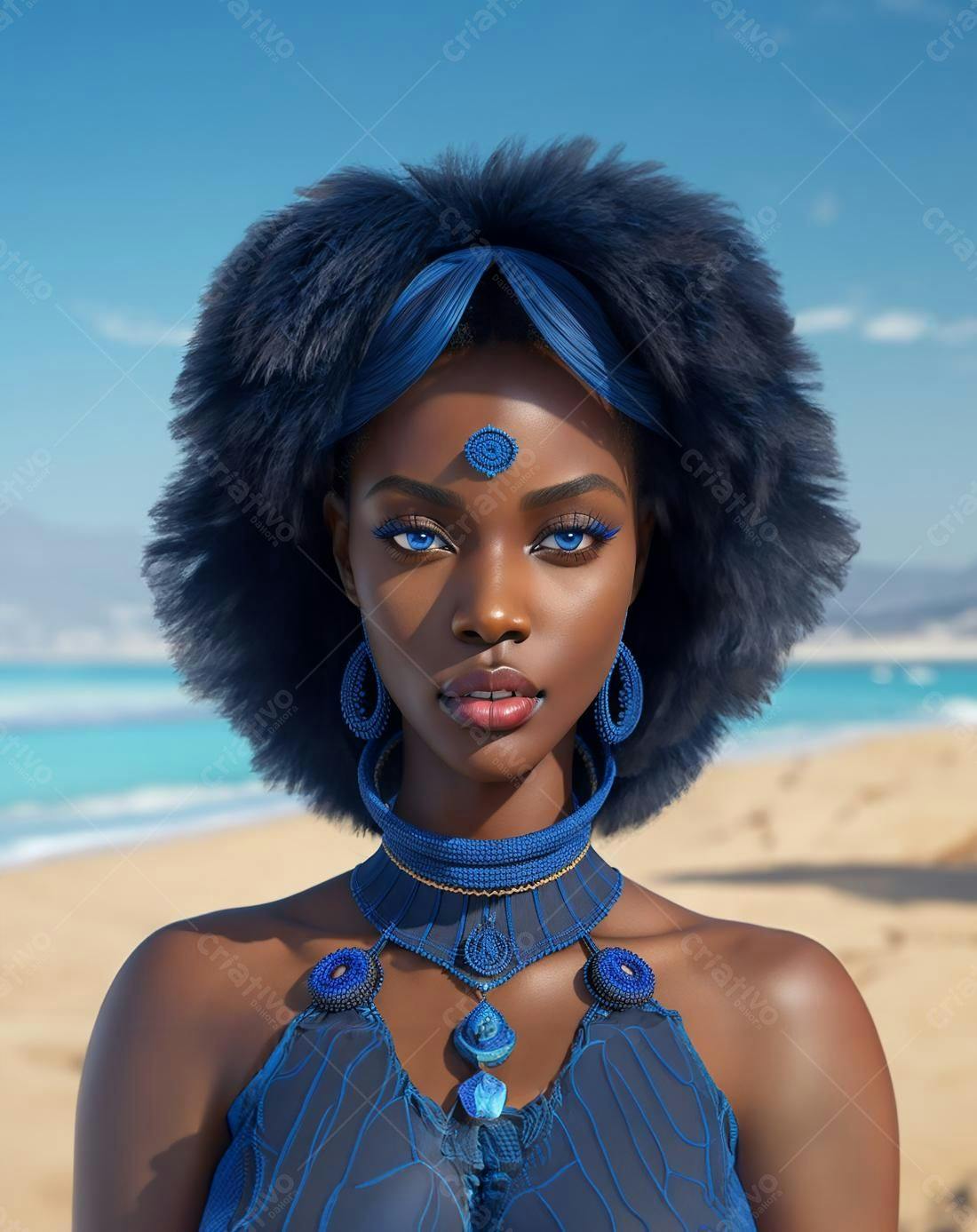 Modelo negra com joias azuis na praia
