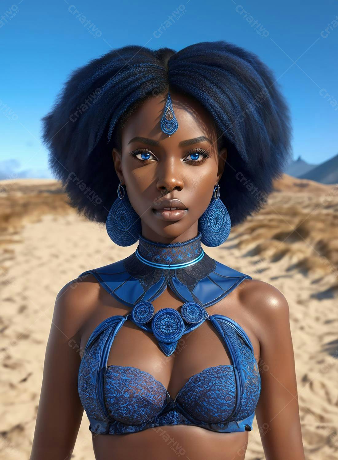 Mulher negra vestindo azul em deserto