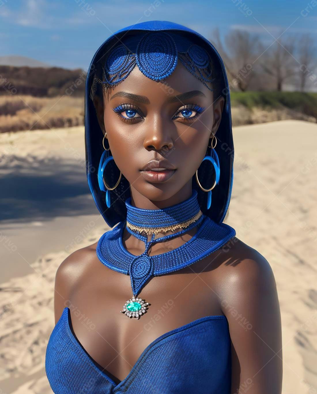 Modelo negra usando traje azul em cenário desértico