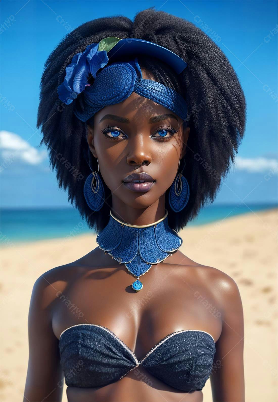 Mulher negra com acessórios azuis na praia
