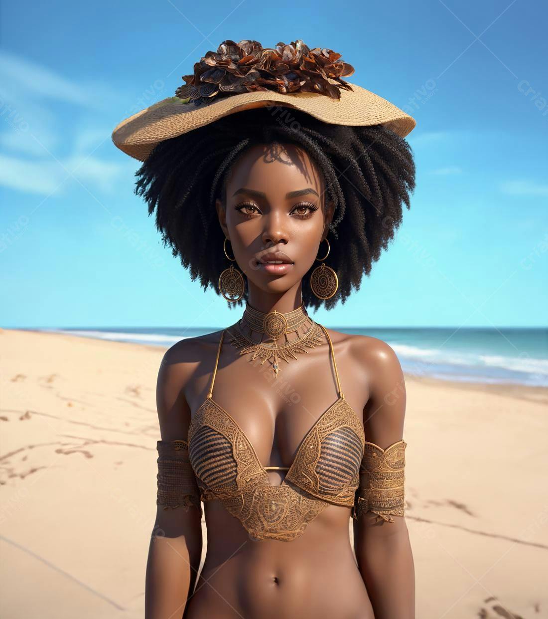 Modelo negra na praia com chapéu e biquini dourado