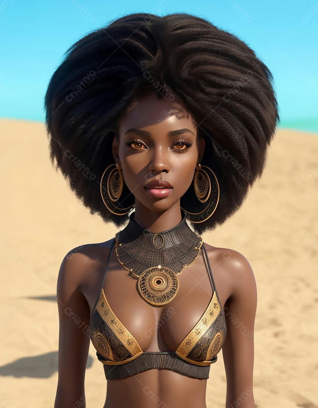 Modelo negra com joias douradas na praia