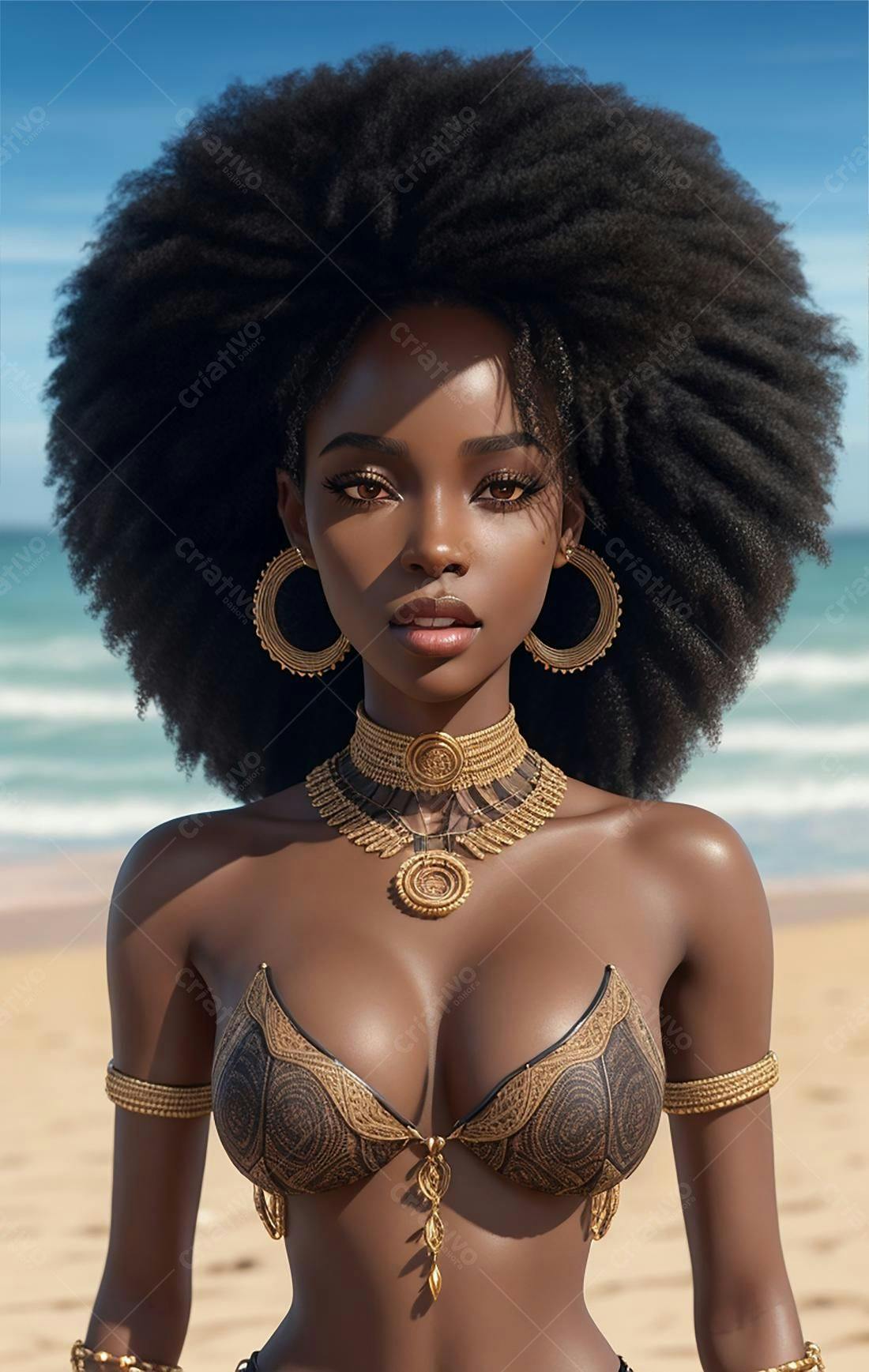 Modelo negra na praia com joias douradas
