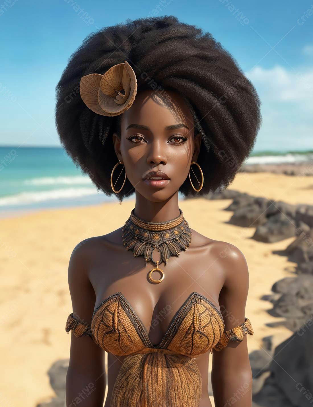Mulher negra em traje dourado na praia