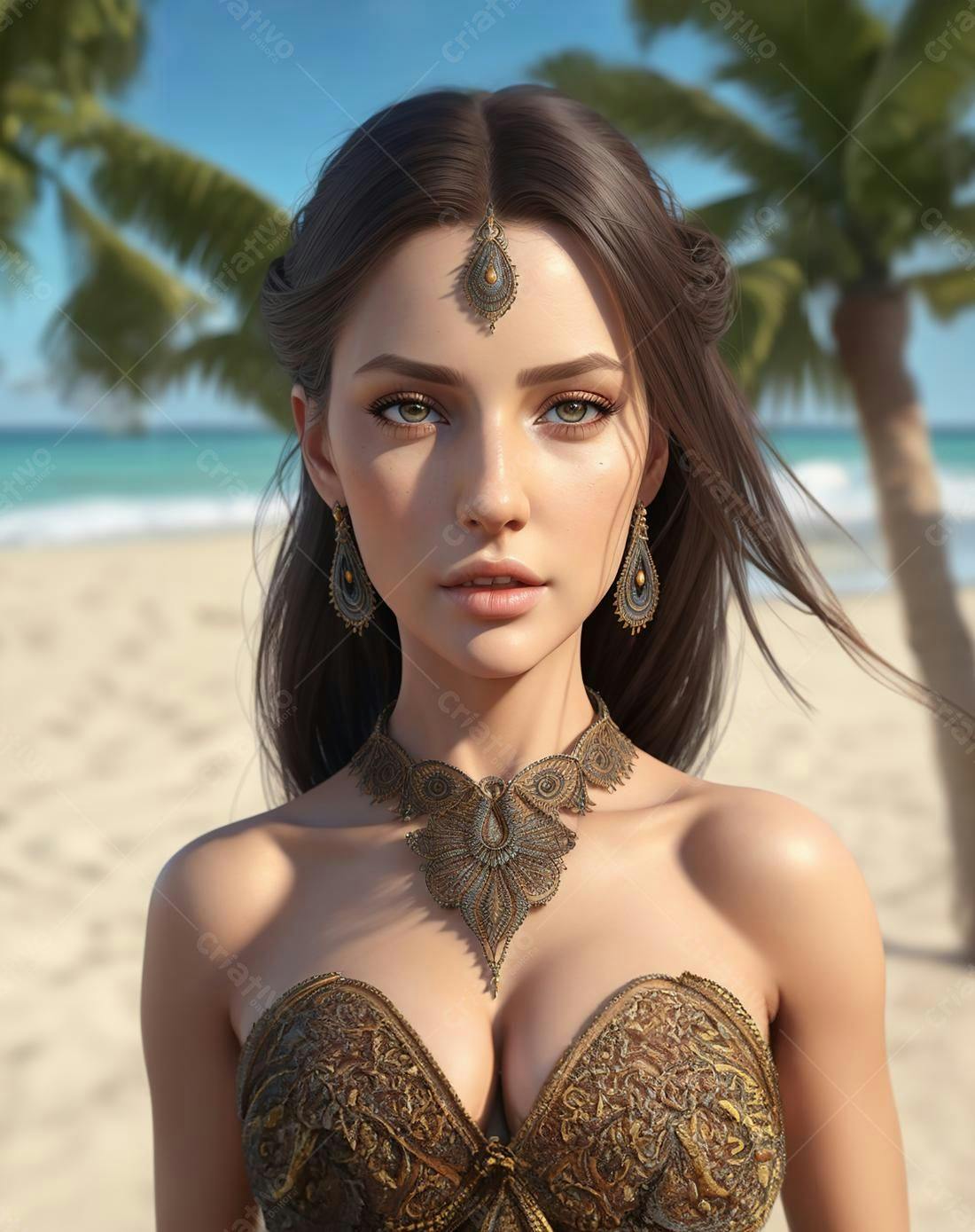 Mulher usando joias douradas na praia