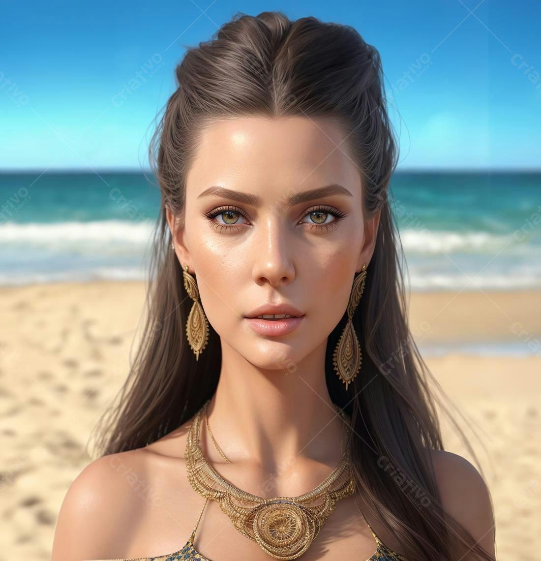 Mulher com joias douradas na praia
