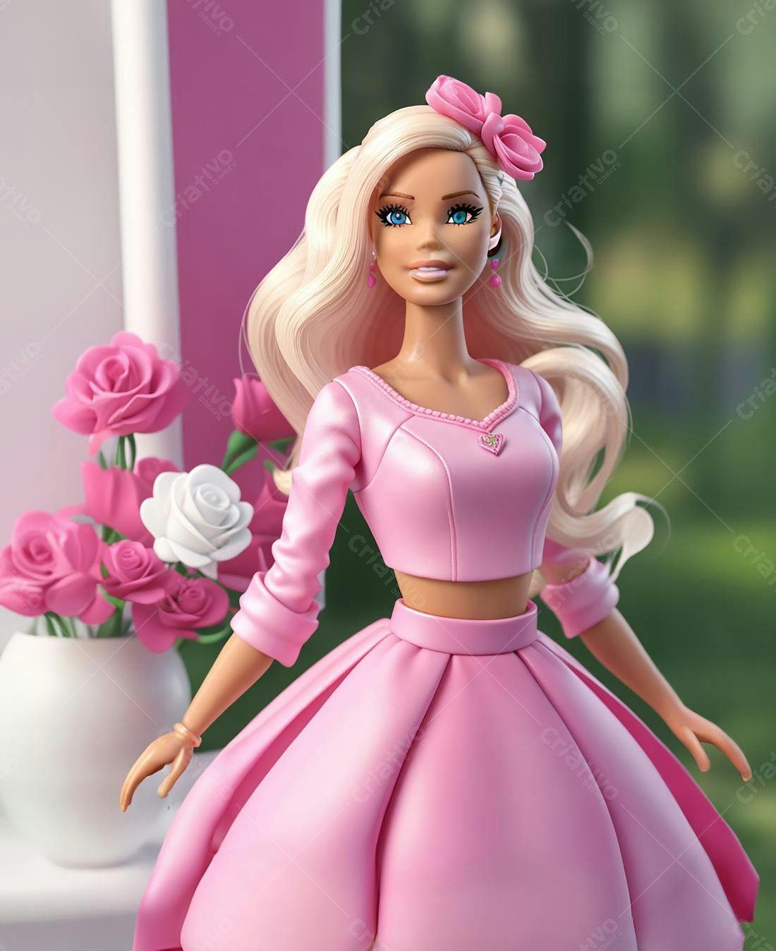 Boneca loira em vestido rosa claro
