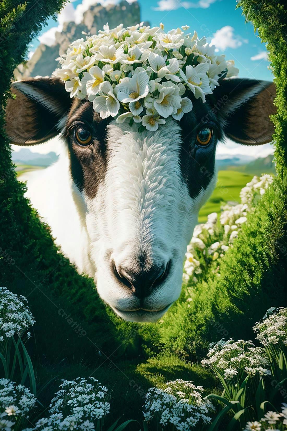 Ovelha com coroa de flores em campo florido