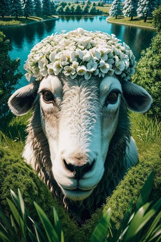 Uma ovelha com uma coroa de flores